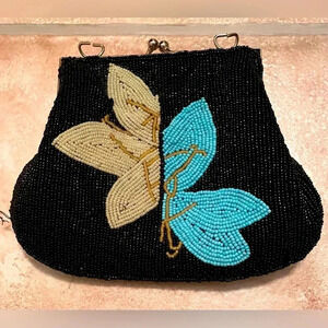 Black beaded evening clutch / shoulder bag with teal and cream leaf detail, 90s